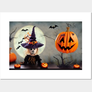 A cute witch and her vampire boyfriend in a pumpkin patch Posters and Art